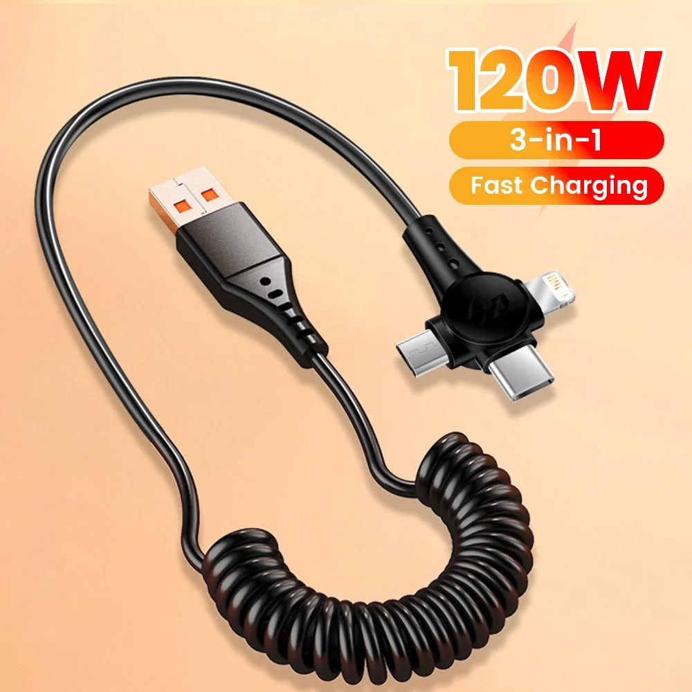 3-in-1 120W USB C Cable Super Fast Charging Spring Retractable Data Cable For iPhone Huawei Xiaomi Phone Quick Charger Data Cord