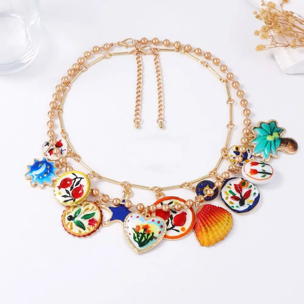 

Metal Chain Enamel Floral Necklace Layered Gold Flower Pendant Necklace Personalized Vintage Bohemian Collarbone Chain