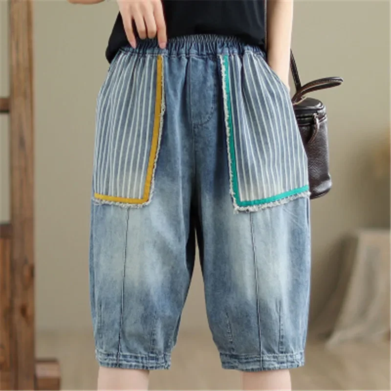 New Arrival 2024 Summer Arts Style Women Elastic Waist Patchwork Cotton Denim Harem Pants Big Pocket Vintage Jeans Cropped Pants