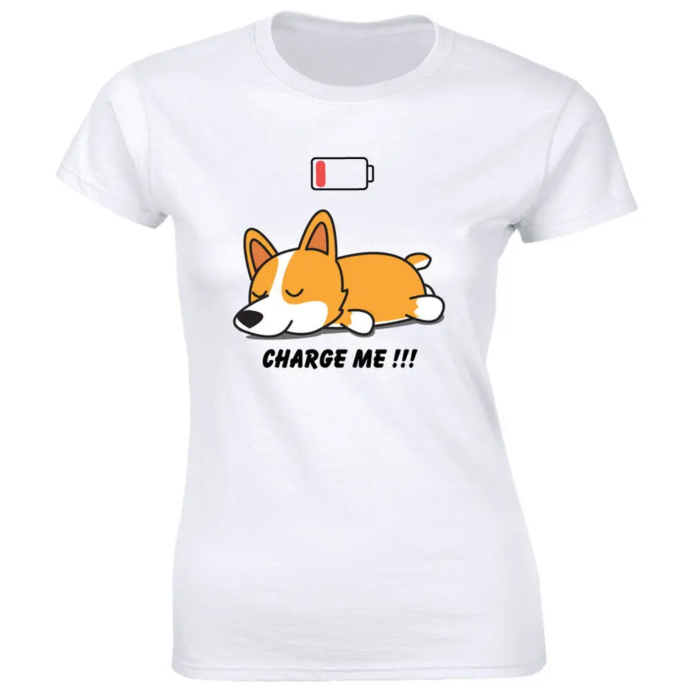 Cute Corgi Dog T-Shirt Charge Me Low Battery Puppy Tee Anime Graphic T-shirts Y2K Tops Unisex Summer Short Sleeve