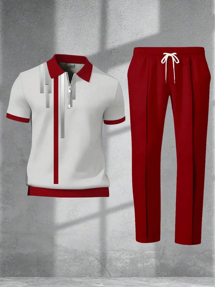 Mens Casual Shirt And Pants Set Red White Streetwear Outfit