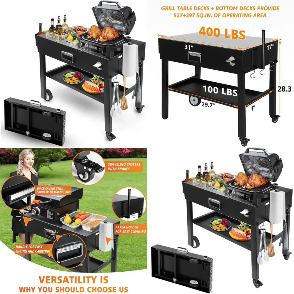 

Portable Grill Table with Wheels, Dual-Shelf BBQ Prep Station, Compact Camping Griddle Stand for Outdoor Cooking