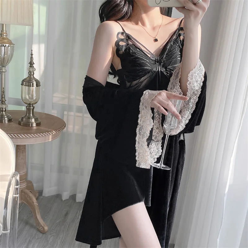 Slimmer Pajamas Bra Pad Women V-neck Butterfly Canary Velvet Spring  Autumn Suspender Two Sets of Nightdress Robe