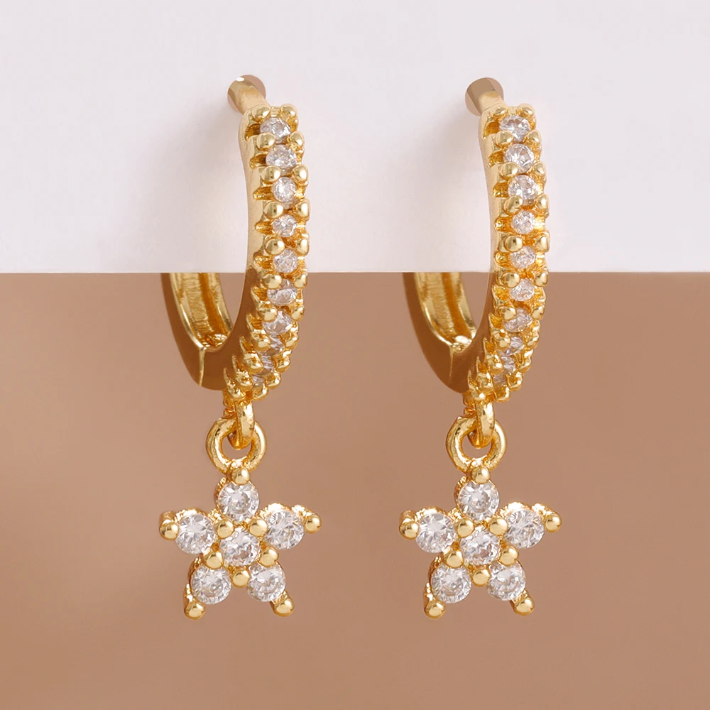 Brincos pendurados de flor de zircônia delicada, 2 peças para mulheres 14k banhado a ouro aço inoxidável premium joias de piercing de cartilagem diária