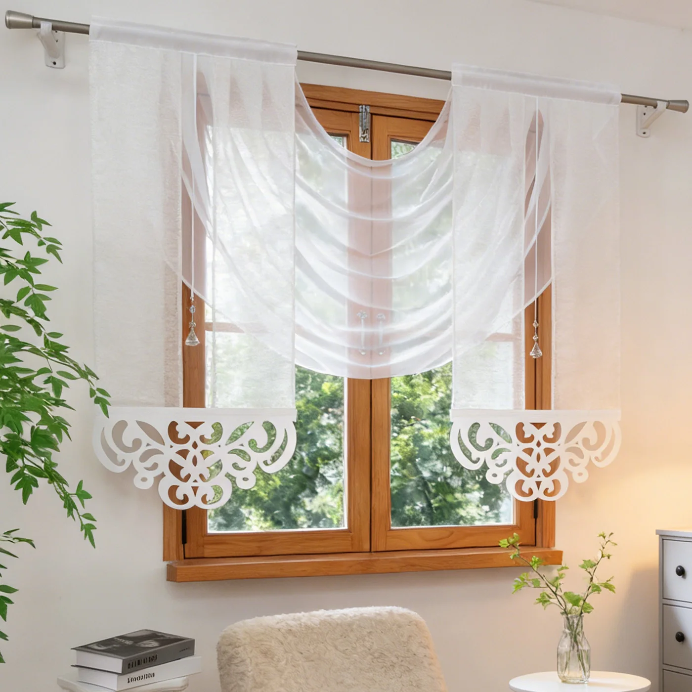 1 Stück Elegante Weiße Spitzen-Gardinen mit Stangeneinschub, Voile-Ballonvorhang, Lichtfilternde Sichtschutz-Fensterdekoration für Küche, Schlafzimmer, Wohnzimmer, Landhaus-Dekor mit Durchbrochener