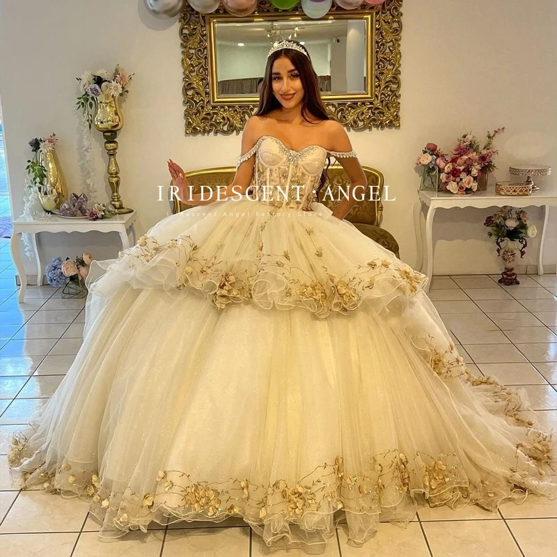 Warna-warni Off-Shulder berkilau sampanye mutiara Quinceanera gaun 3D bunga Formal putri ulang tahun Vestidos De 15 Anos