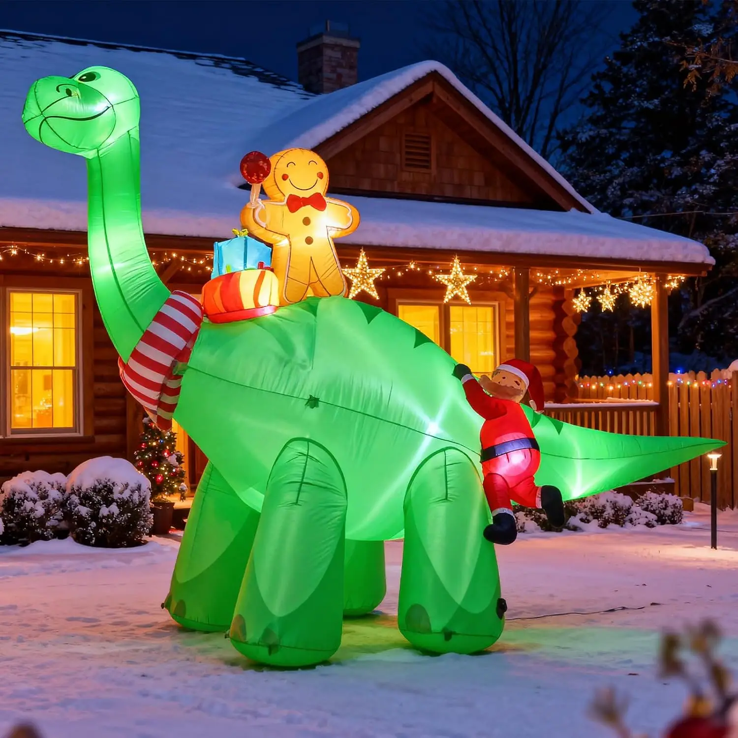 12-Foot Inflatable Dinosaur Santa Claus Yard Decoration with Bright LED Lights