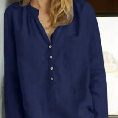 

Women's Spring/Summer 2025 New Collection: Elegant Cotton and Linen Solid Pocket Button Front V-neck Long-sleeved Shirt