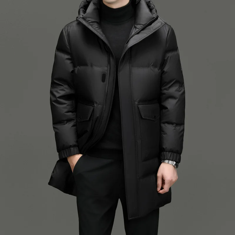 Winter new high-end down jacket for men, medium length hooded, thickened fashionable casual coat, youth warm top