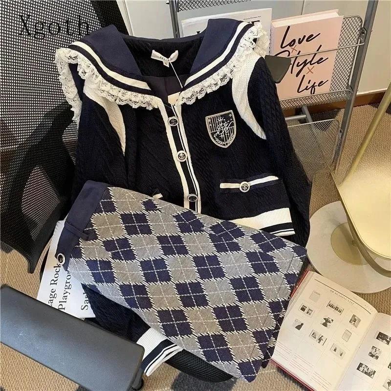 Women's Sets Sailor Collar Lace Spliced Single Breasted Cardigan High Waist Plaid Skirt Two-pieces Lady's Clothing/ Single Piece