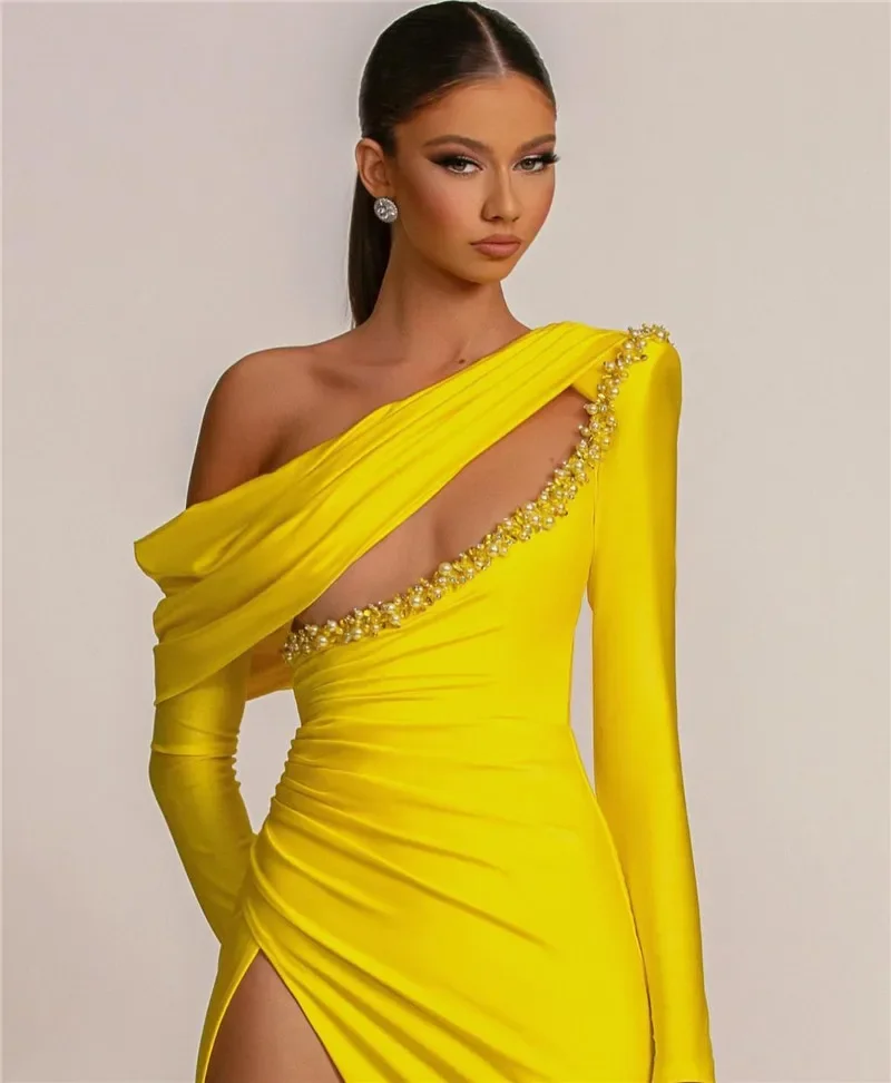 Elegant Yellow Long Sleeve Side High Split Pearl Evening Dress Prom Women's Gown 2024 Customizable Large Multi Color