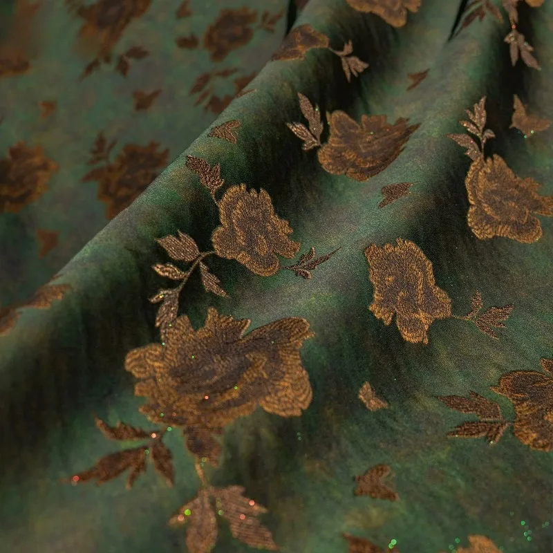 Mulberry Silk Wool Blend Jacquard Fabric Dark Green Modern Chinese Style Luxurious Soft Qipao Vest Skirt Pants DIY Sewing