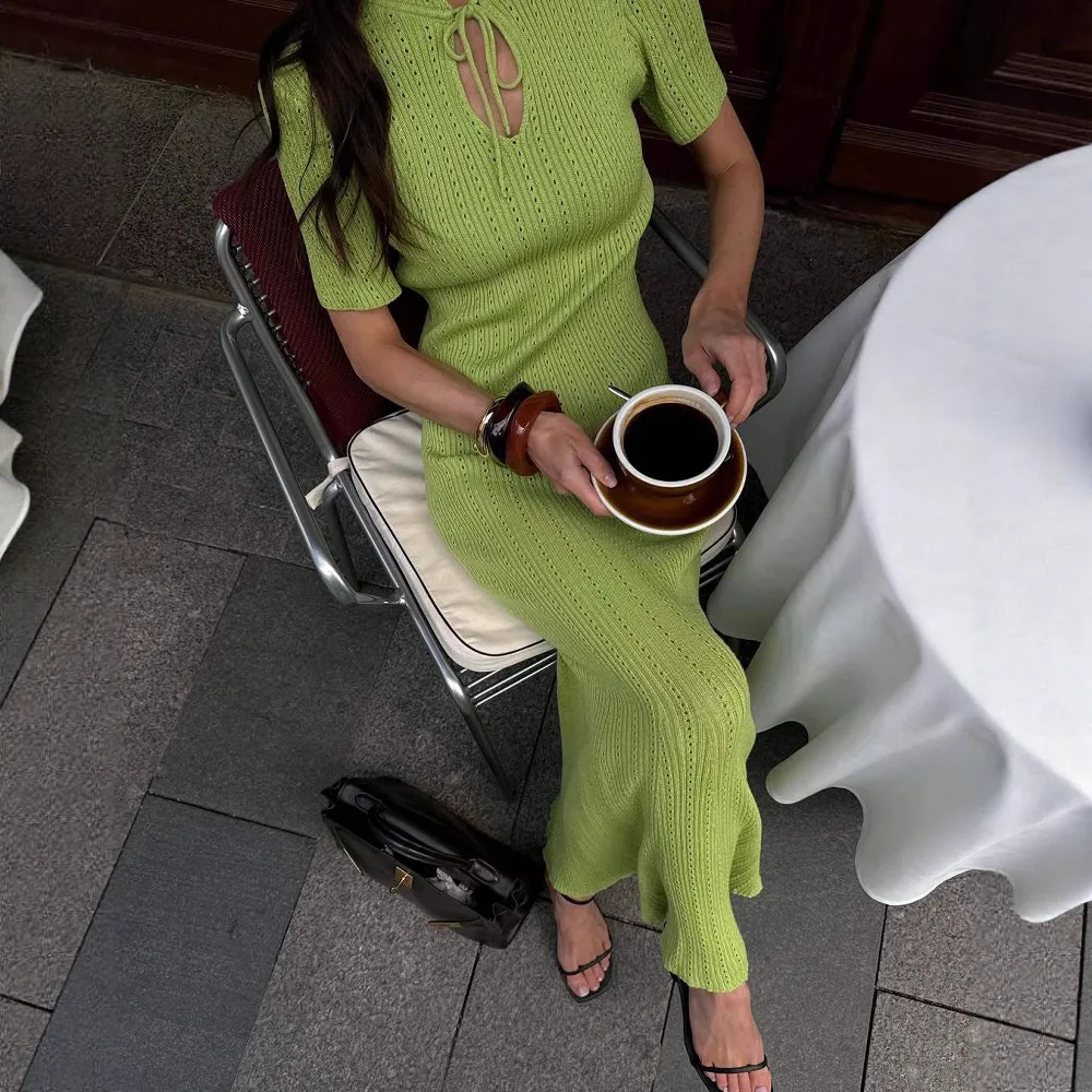 

2025 Summer Women's Candy Color Slim Dress Women's Summer Round Neck Short Sleeve Knitted Long Sweater Dress