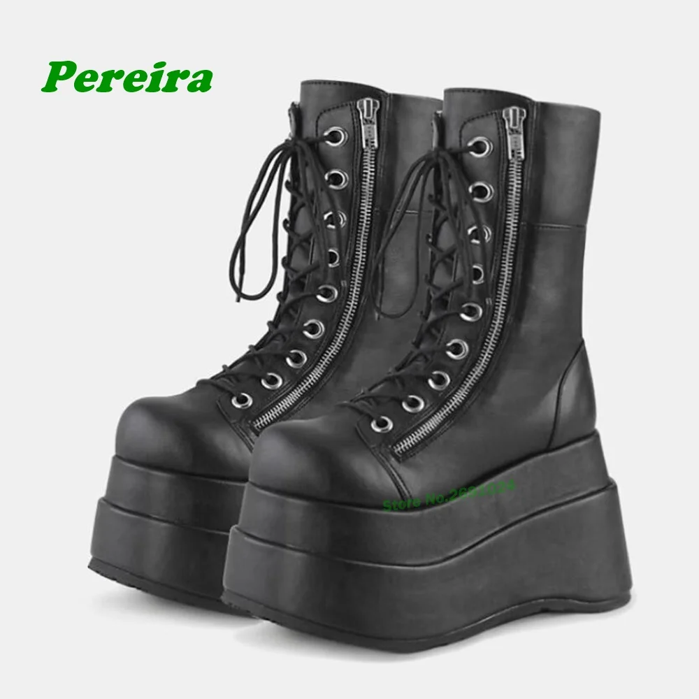 Retro Knight Boots Casual Thick Soled Gothic Rivet Tied Zippered Mid-Calf Boots Platform Height Increasing Women's Shoes Black