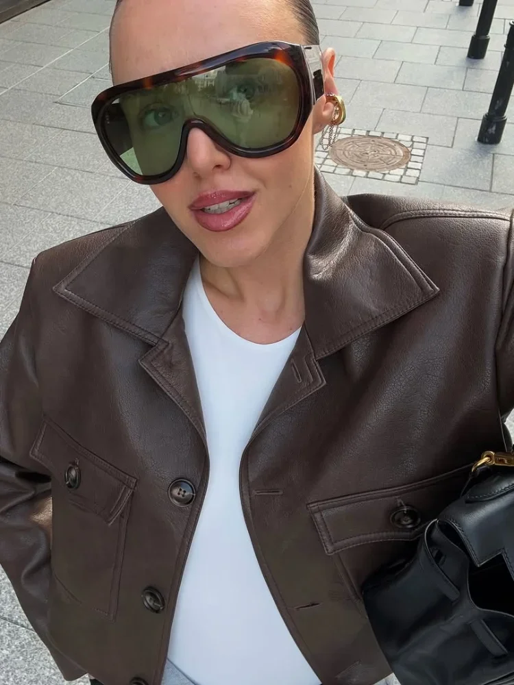 Single Breasted Cropped Brown Leather Jacket Women Casual Full Sleeve Lapel Pocket Short Coat Autumn Lady Commuting Streetwear