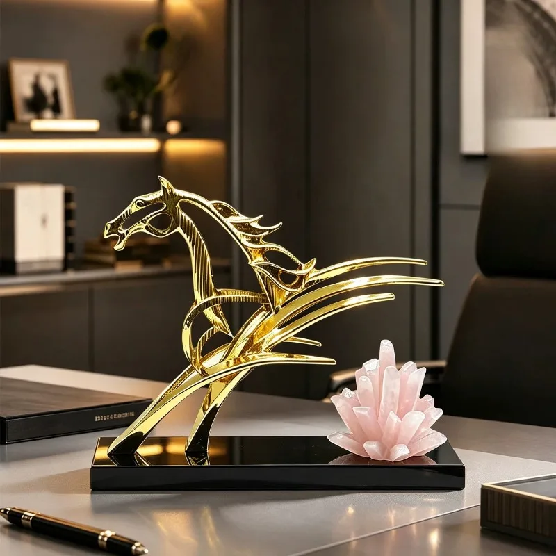 Golden Abstract Horse Statue Quartz Crystal Cluster Figurine Modern Copper Horse Sculpture Home Office Decor Craft Ornament Gift