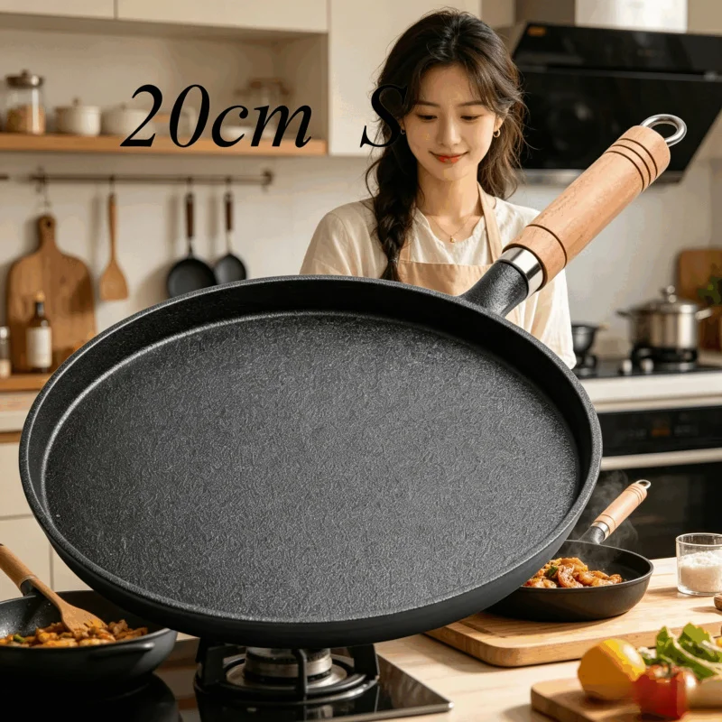 20cm Cast Iron Skillet Wooden Handle – Uncoated Pre-Seasoned Fry Pan for Eggs, Crepe, Steak & Pancake, Gas & Induction Cooker