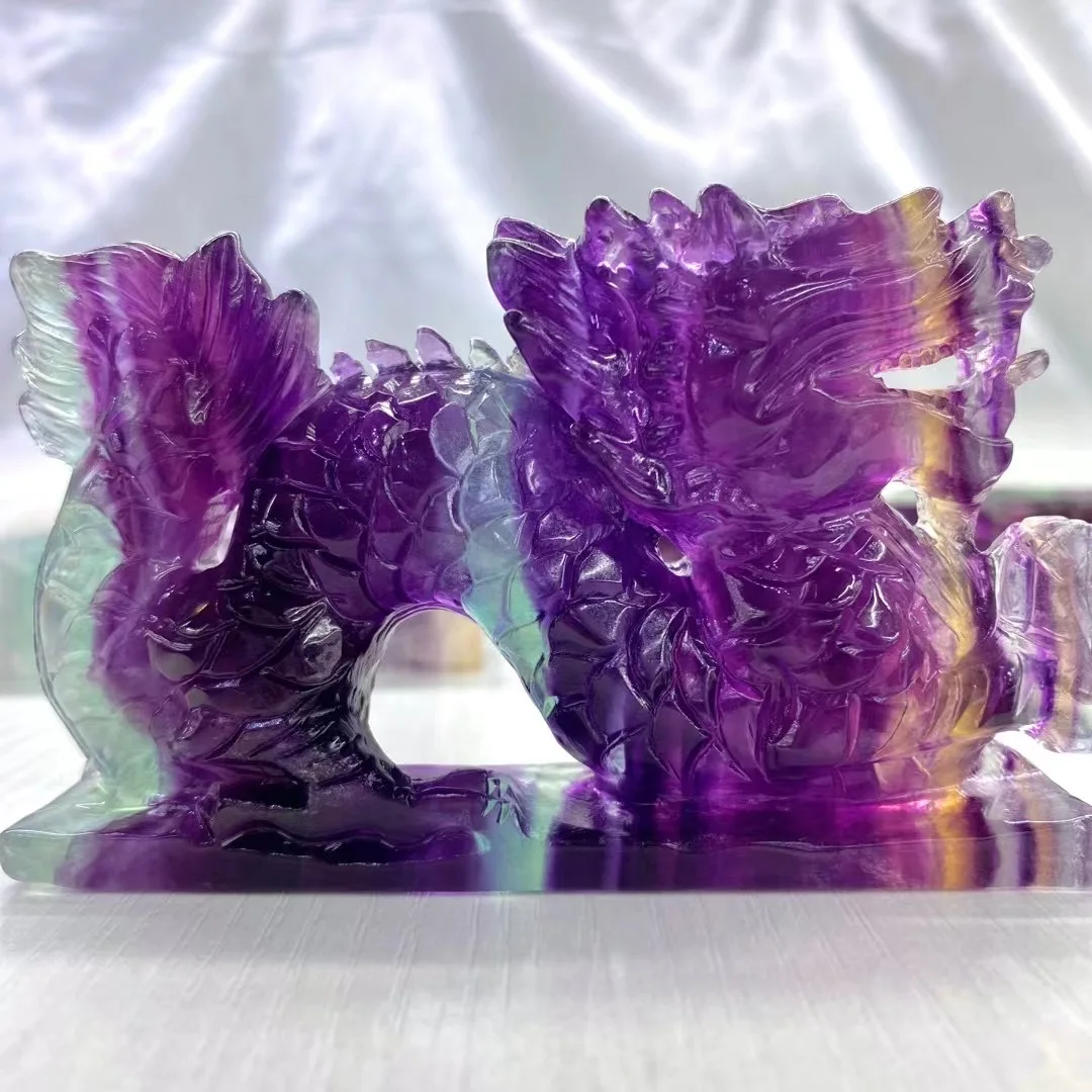 1 Pc Natural Stone Rainbow Fluorite Chinese Dragon Handmade Carved Animal Figurine Home Decor Jewelry Gift