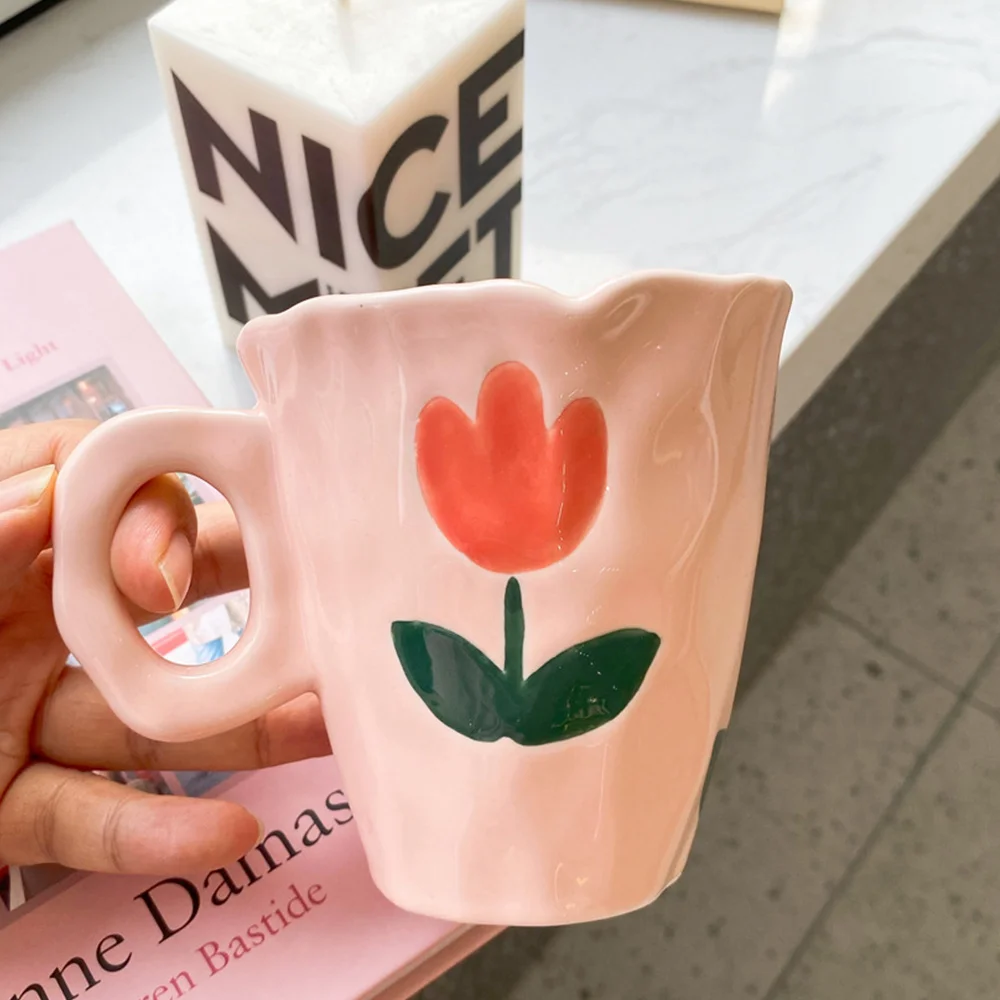 Canecas de cerâmica feitas à mão, tulipa e nuvem pintada à mão, xícara de café irregular para chá, leite, presentes criativos, copo (azul)