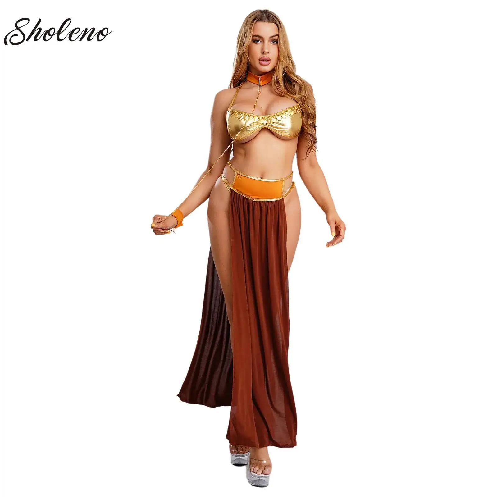 

Women Halloween Cleopatra Ancient Egyptian Queen Sun Goddesses Cosplay Costume Bra with Skirt Thong Choker Cuffs Belly Dance Set