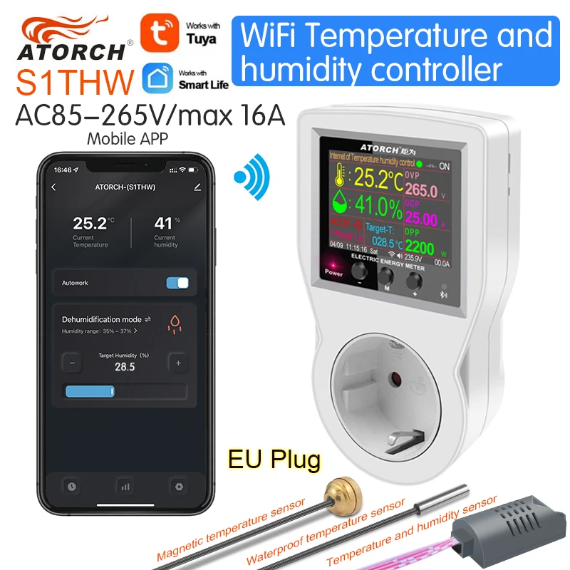 

ATORCH S1 WiFi EU Socket temperature Humidity Controller for Household humidification Dehumidification Cooling heating for APP