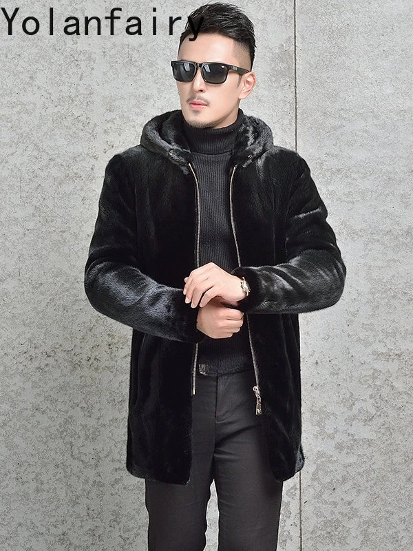 YOLANFAIRY Velvet Whole Mink 100% Natural Fur Coat Men Winter Hooded Mid-length Natural Black Mink Fur Jacket Top Quality casaco