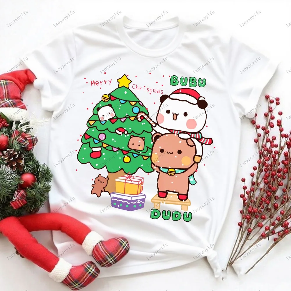 

Футболка MERRY CHRISTMAS с рисунком панды, медведя Бубу и Дуду, РОЖДЕСТВЕННАЯ футболка для пар, женские и мужские модные повседневные футболки с короткими рукавами