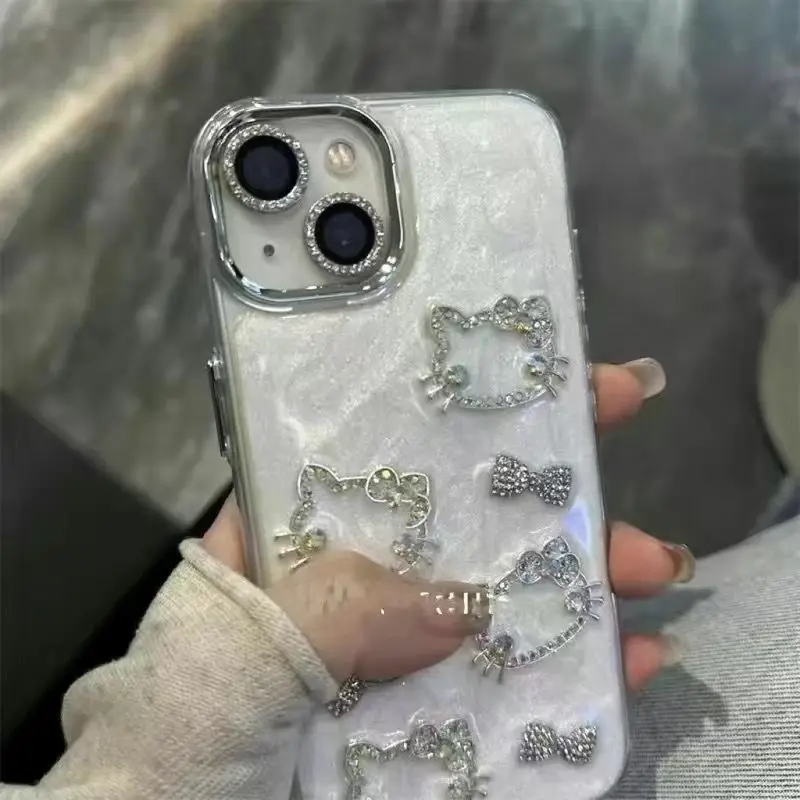 Light Luxury Sparkling Diamond Three-Dimensional Chain Hello Kitty Cat Apple 16 Phone Case Iphone 15/14 Plus/13Promax/12/11