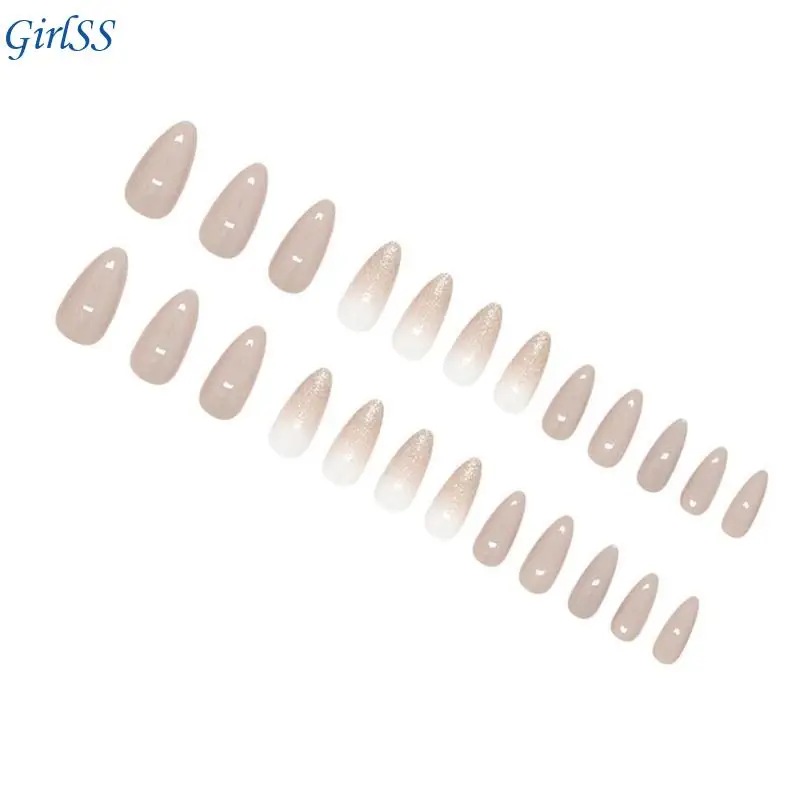 24pcsがネイルナチュラルグラデーションフランスのアーモンド形状の虚偽の爪を毎日のオフィス摩耗のためのグリッターでfalseアプリケーションt4mb