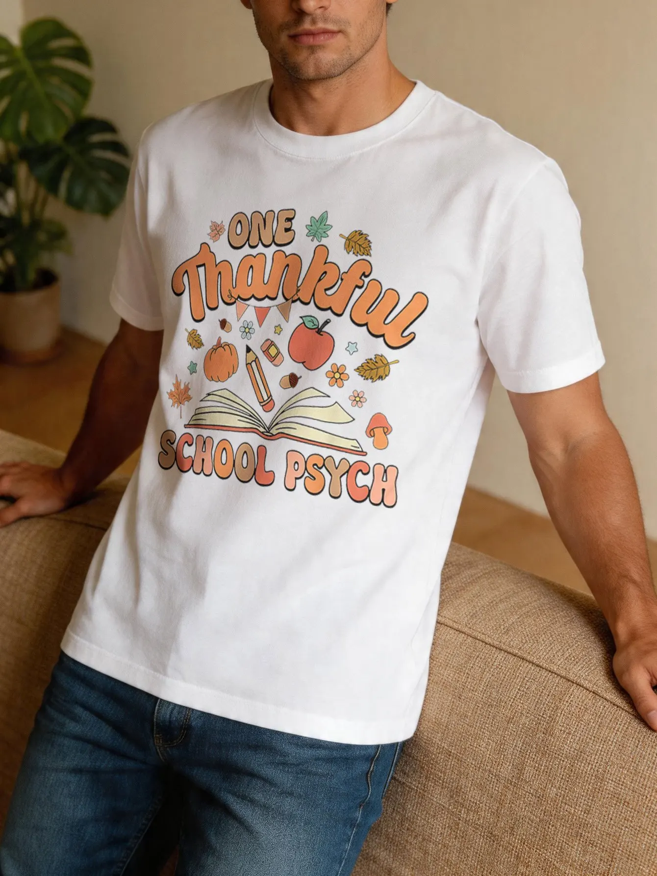 Mens Thanksgiving School Psych T Shirt One Thankful Fall Teacher Graphic Short Sleeve Crew Neck Casual Cotton Male Daily Tee