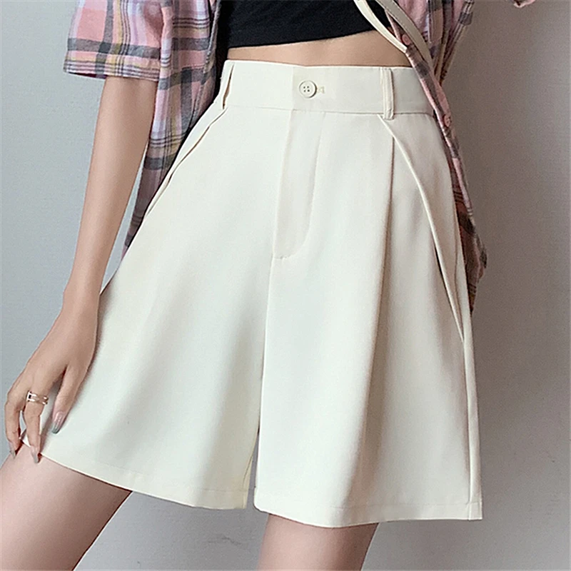 Solid Color High Waist Women's Casual Shorts 2024 Elegant Minimalism Straight Loose Trousers Women's Suit Shorts Pants