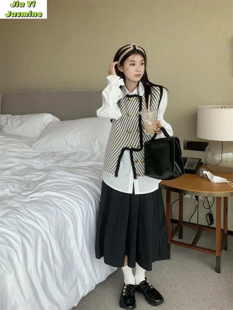 

French Gentle Style Set Design Sense Vest Spring and Autumn Bubble Sleeve Shirt High Waist Loose Skirt 3-piece Set