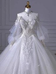 High-end Wedding Dresses Beading Applique Long Puff Sleeve Saudi Arabia Sweet Church Elegant Tassel Zipper Fairy Bride Gown 2024