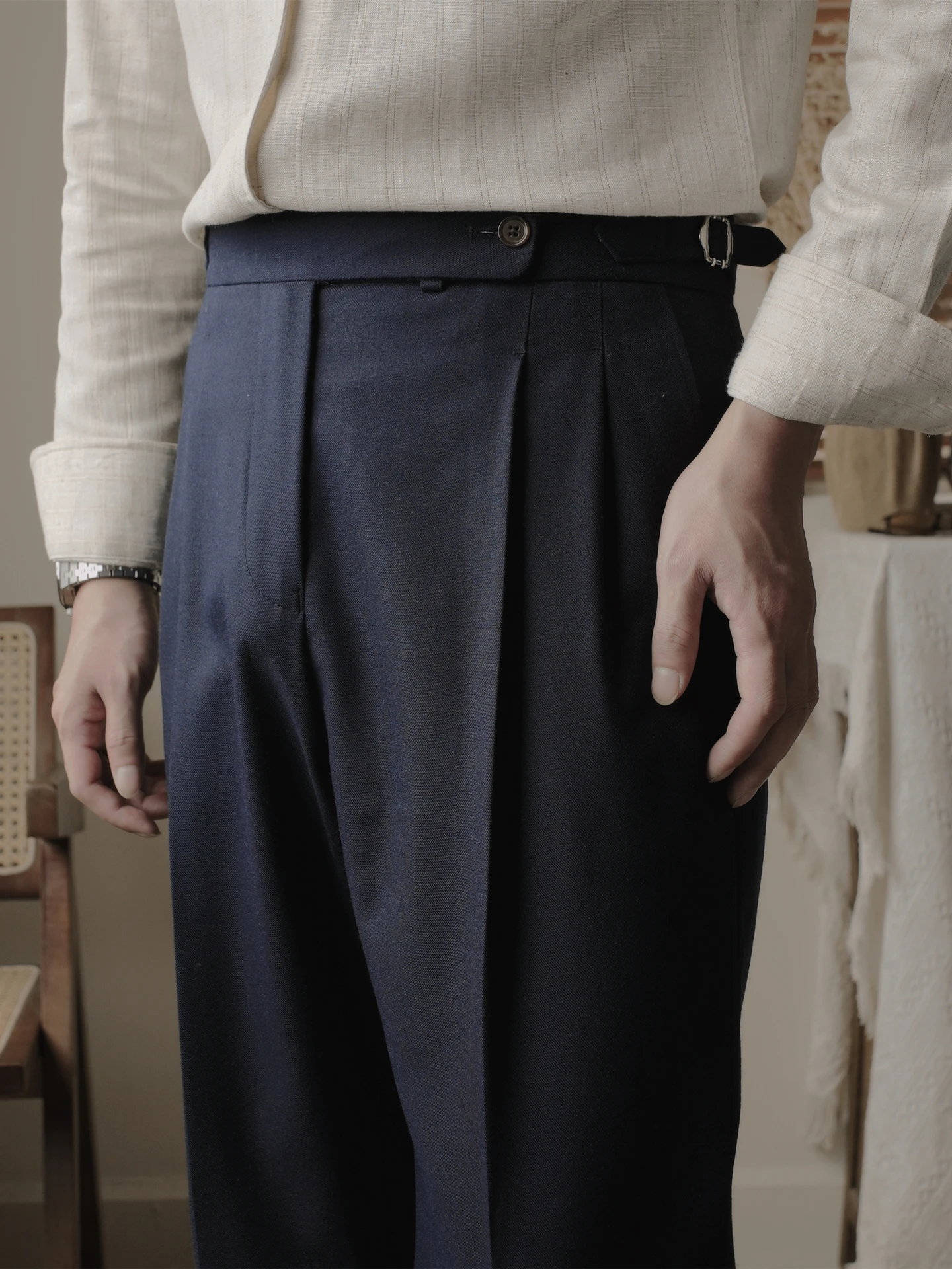 

Wool-blend, Italian Neapolitan Paris buckle-down slim-fitting navy blue slacks