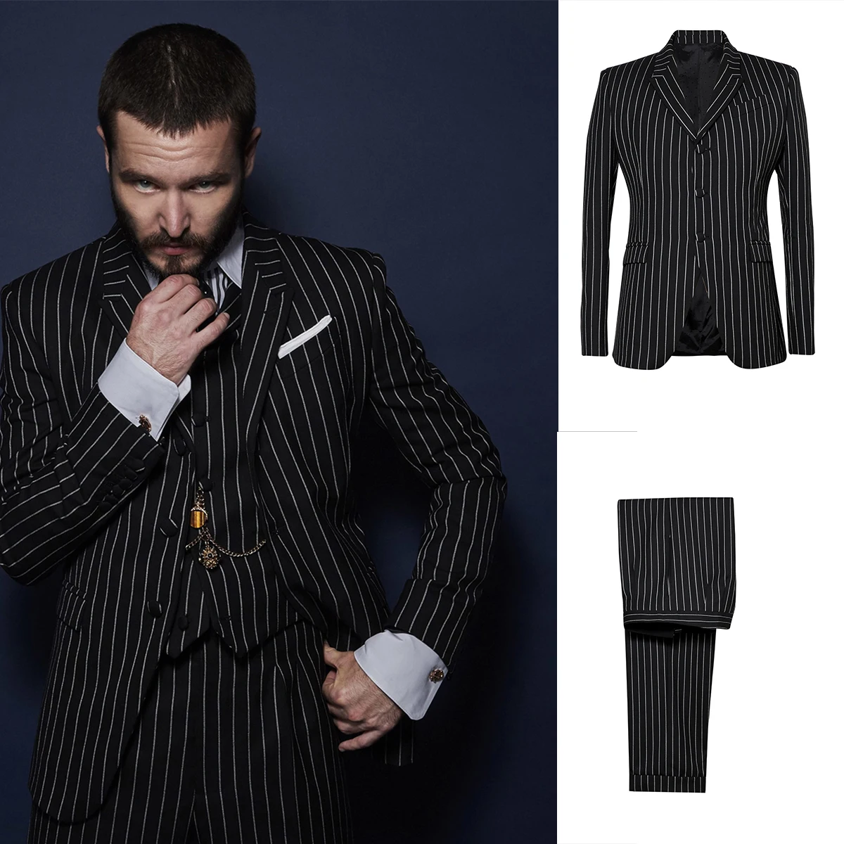 

Black Stripes Men's Suits Tailor-Made 3 Pieces Blazer Vest Pants Single Breasted Peaked Lapel Wedding Groom Tailored Plus Size