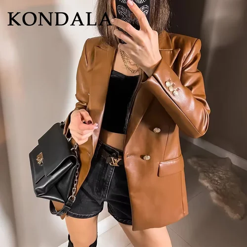 KONDALA 2025 Otoño Invierno Oficina señora PU Blazers moda Vintage sólido doble botonadura encogimiento de hombros Casual Chic elegante mujeres Blazers