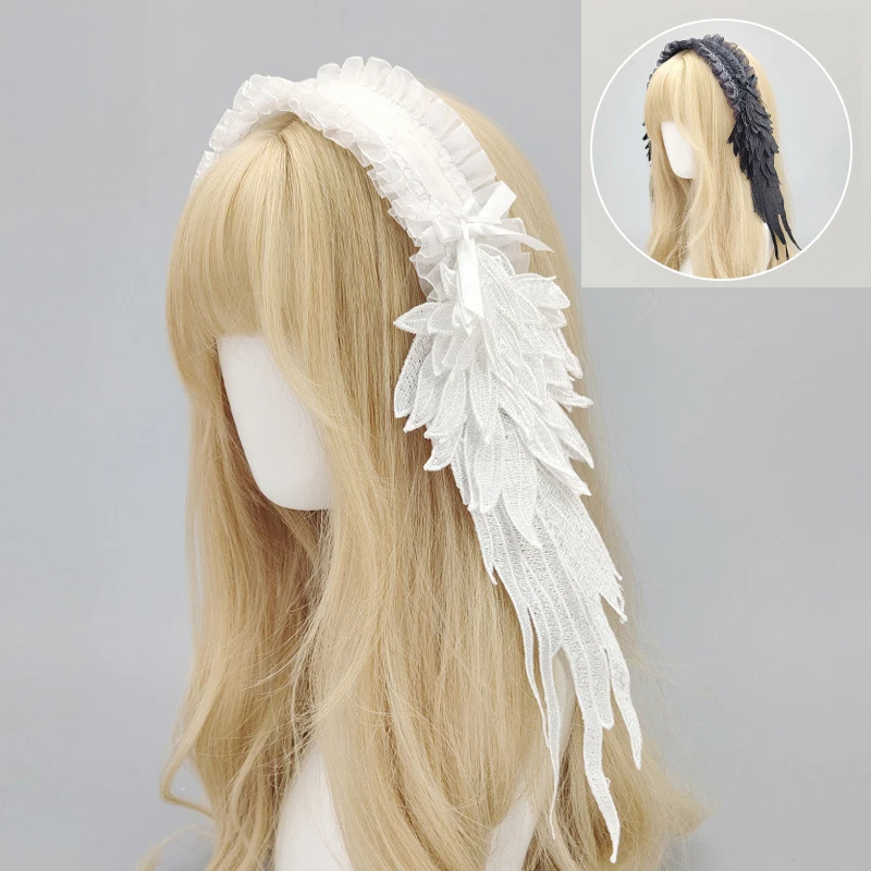 Gothic Lolita Hair Accessory Angel Wing Lace Headpiece Black White Lolita Wing Hair Band Cosplay Halloween Party Props Headdress