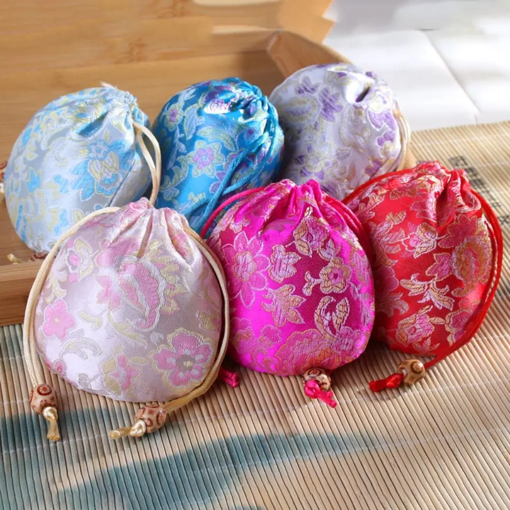 Floral Embroidery Flower Drawstring Bag Chinese Style Beaded Small Coin Purse Wallet Candy Bag Jewelry Packing Bag