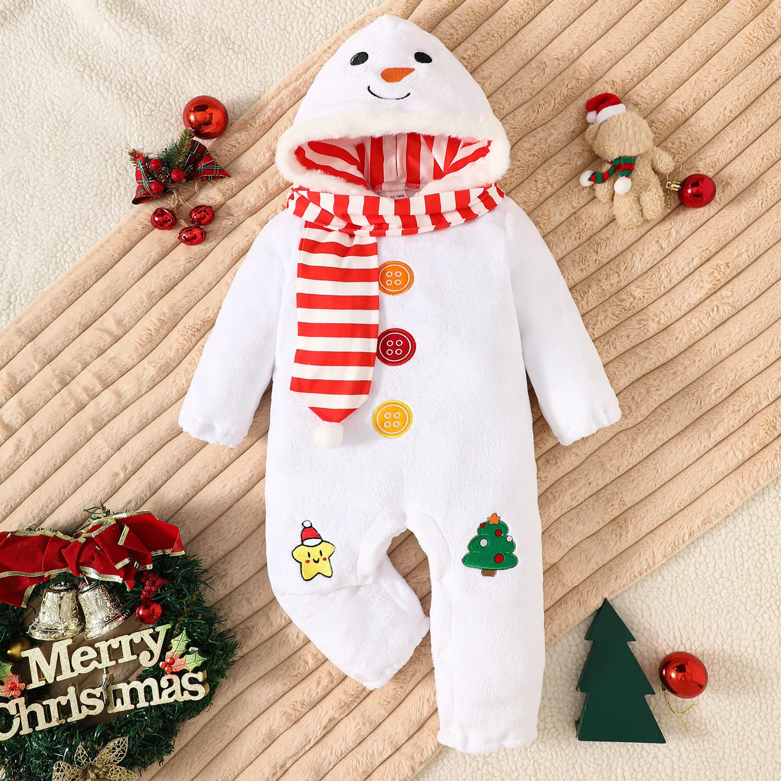 Infant Boys Girls Christmas Long Sleeve Romper Cartoon Snowman Cosplay Outfits Hooded Fleece Costume Jumpsuit With Scarf Outfits