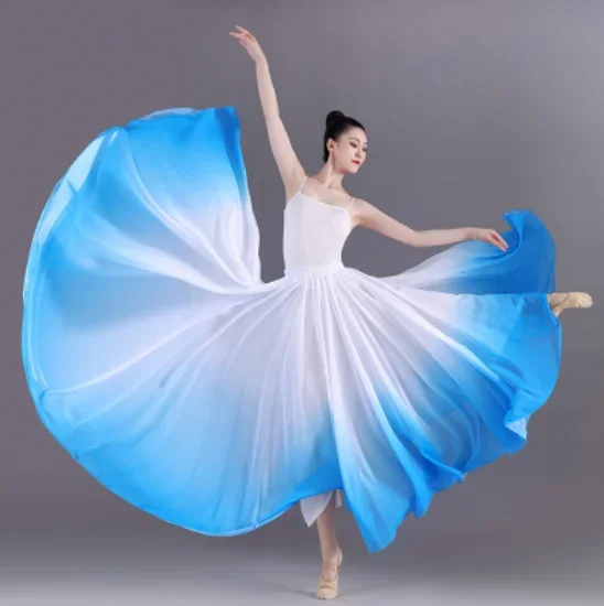 Saia de balé vermelha moderna, cor gradiente, feminina, chiffon, adulto, flamenco, longa, salão de baile, dança clássica