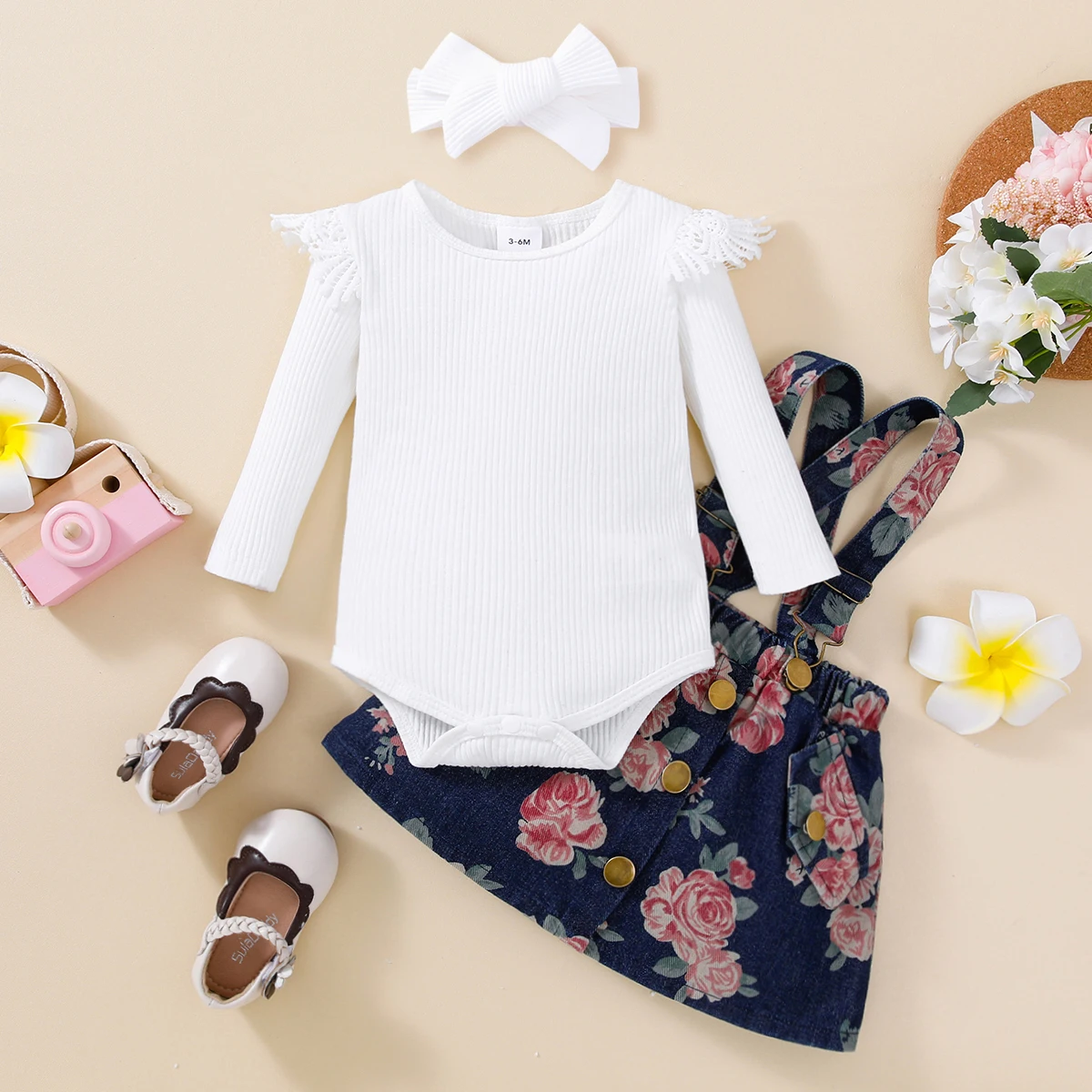 Girls Spring Autumn Ruffle Long Sleeve Triangle Blanket Dress + Full Print Overalls + Headscarf Three-Piece Set