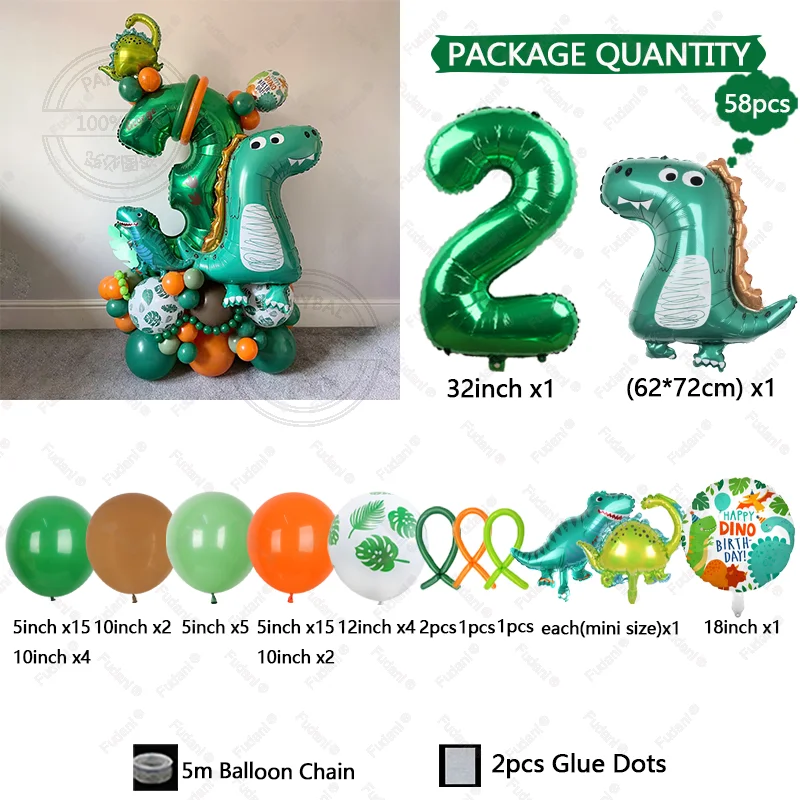 58 قطعة برج بالون الديناصور الأخضر الكرتوني مع 1-9 بالون أرقام خضراء لصبي ديناصور تحت عنوان حفلة عيد ميلاد لتقوم بها بنفسك زينة #5