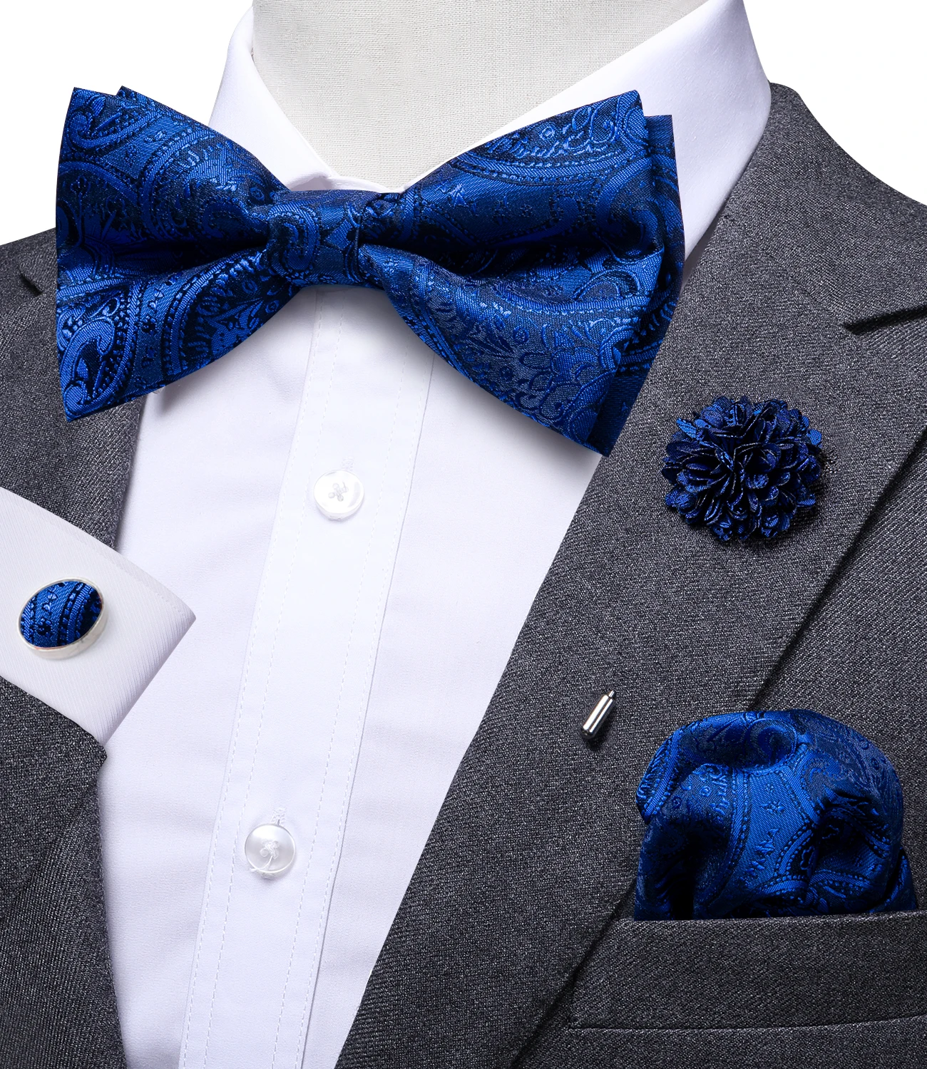 

Hi-Tie Luxury Woven Silk Navy Blue Mens Bowtie Pocket Square Cufflinks Brooch Set Butterfly Knot Bow Tie for Men Wedding Office