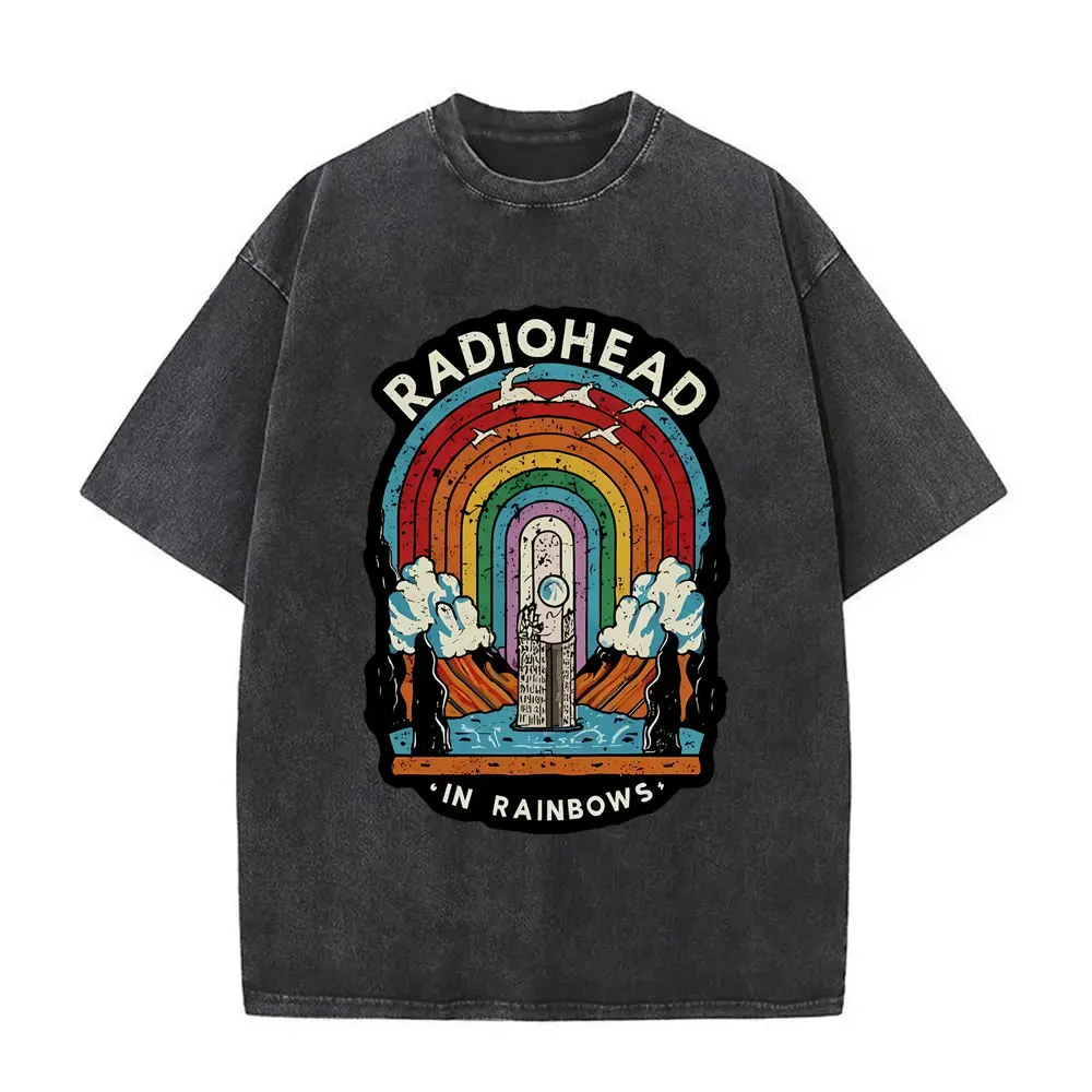 

Washed Vintage Rock Band Radiohead in Rainbows Graphic T-shirt Men Women Casual Retro Gothic T Shirts Men's Oversized T-shirts