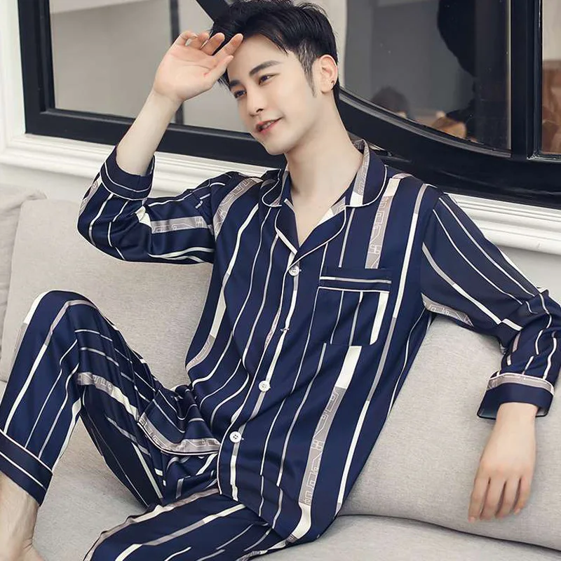 Pajamas Suit Men Spring Long Sleeved Thin Ice Silk Sleepwear Male Summer Satin Home Cloth PLus Size Loungwear Boy Youth Pyjamas