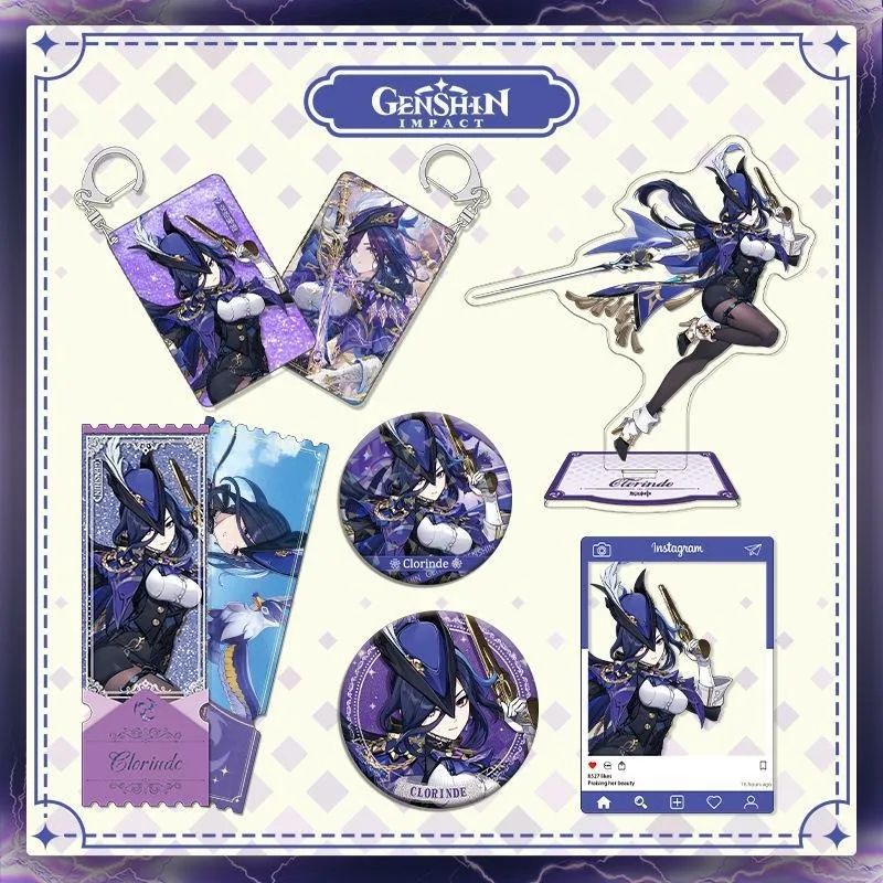 Game Genshin Impact Clorinde Anime Acrylic Figure Stand Badge Card Keychain Backpack Pendant Desk Decoration Cosplay Gift
