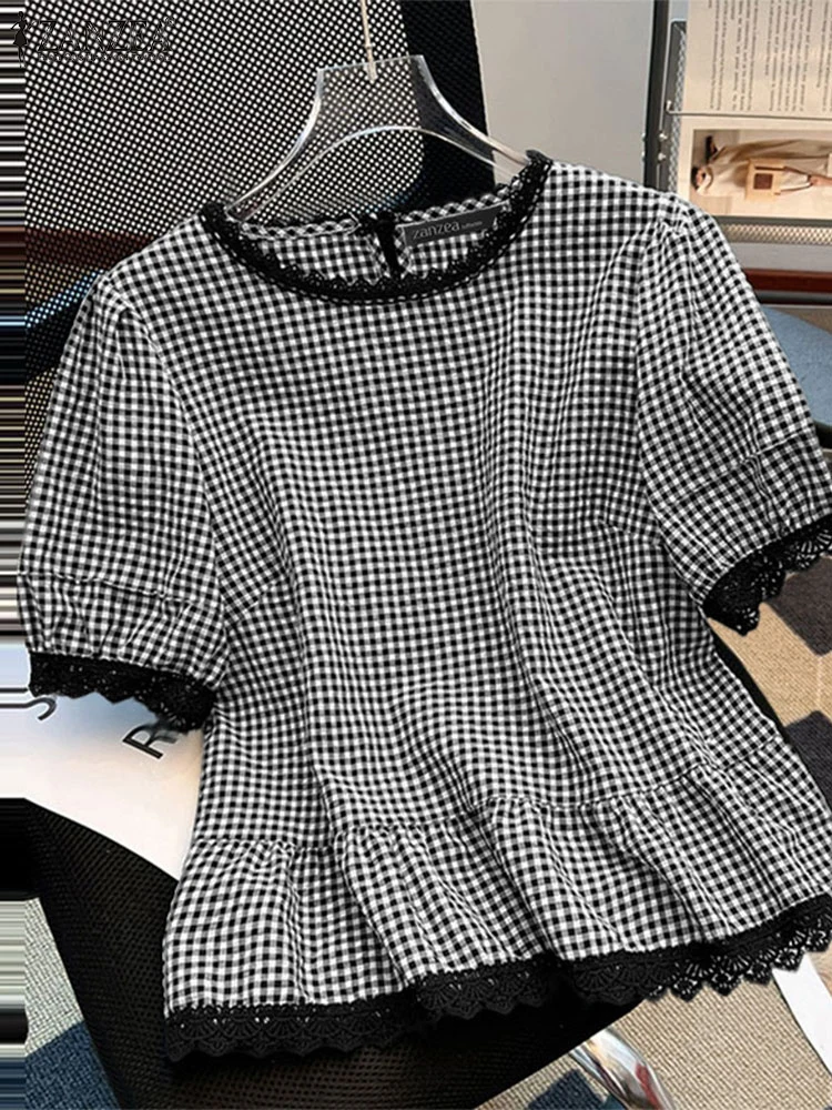 

ZANZEA Summer Plaid Checked Blouse Stylish Women Tops Elegant Lace Patchwork Short Sleeve Blusas Female Work Shirt Holiday Tunic