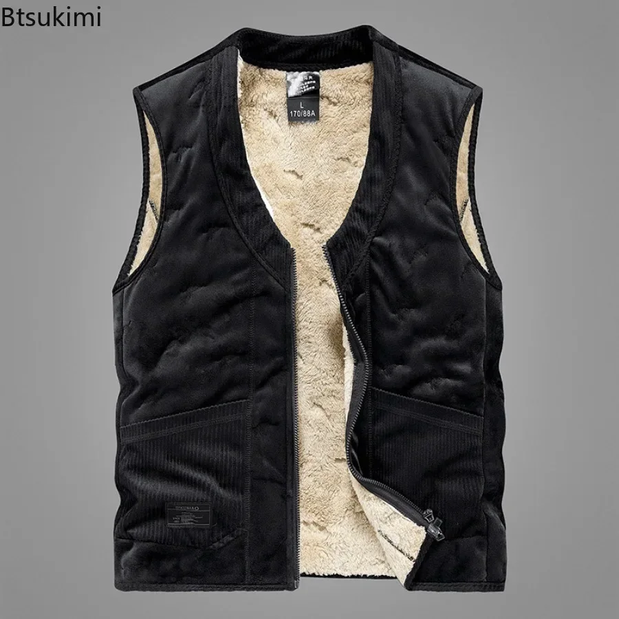 Autumn Winter Men\'s Sleeveless Vest Jacket Fashion Cotton-Padded Plus Velves Thickened Vest Coats Men Warm Lamb Fleece Waistcoat