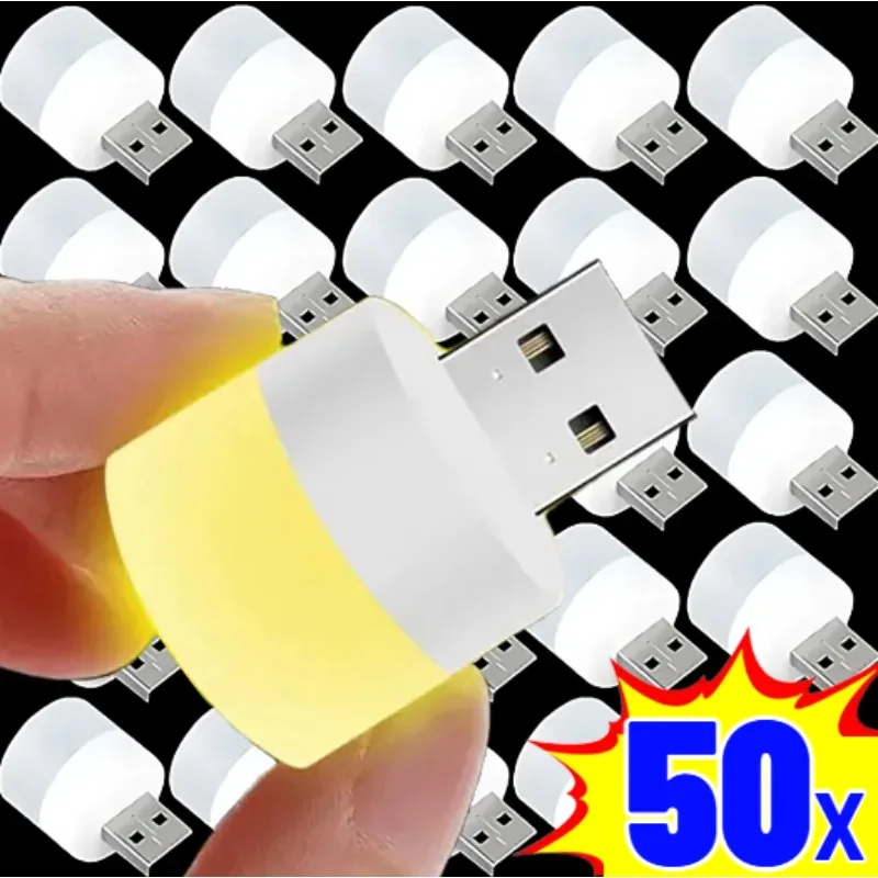 Mini USB Night Light para leitura de livros, lâmpada LED, proteção ocular, plugue USB, computador, celular, carregamento de energia, branco quente, 50 pcs, 1pc