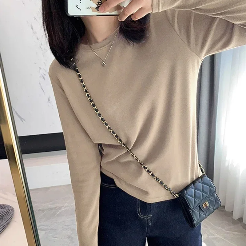 AOSSVIAO Herbst-Winter Slim Fit Schulter-Langarm-T-Shirt für Damen, trendiges Basic-T-Shirt mit Rundhalsausschnitt, superweich, vielseitiges, schlankmachendes Oberteil – Detail 7